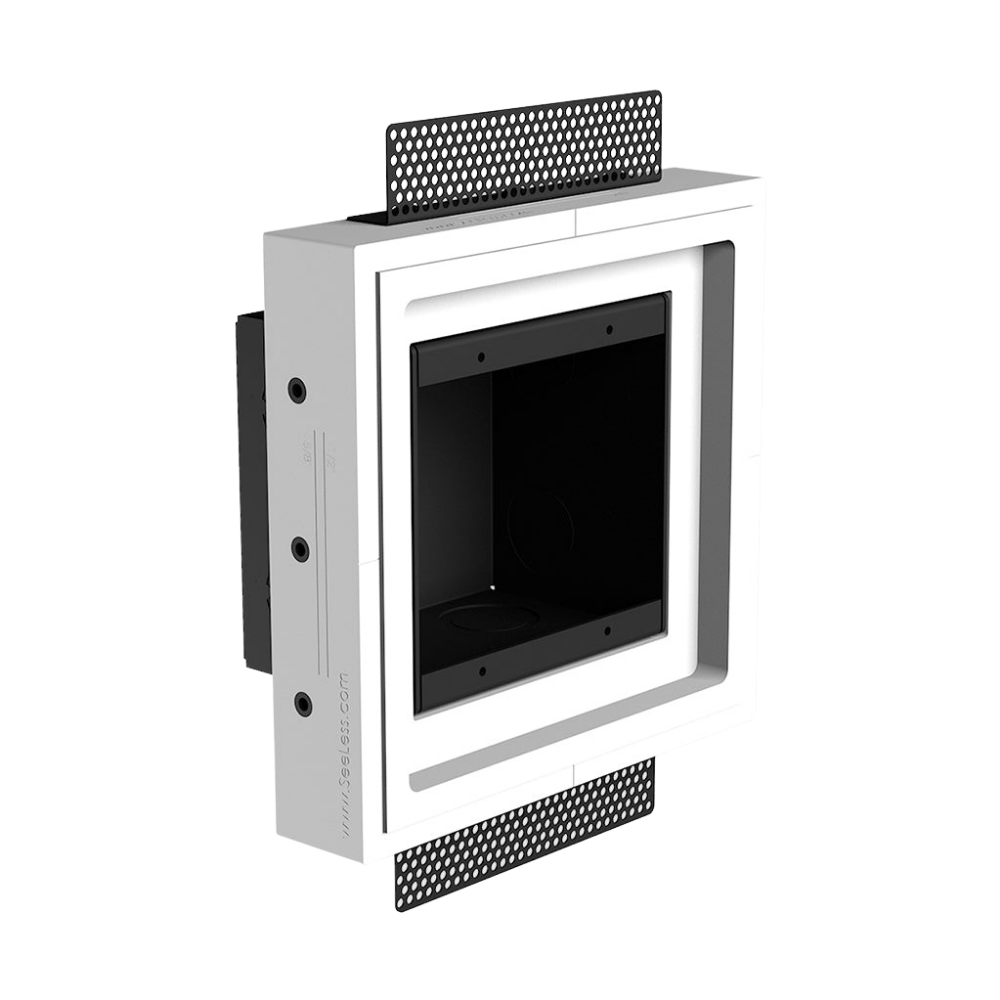 Minimalist wall integration with SLD-2G-062 two-gang mount – raw plaster view