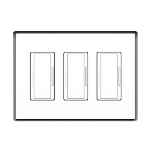 Three-gang designer-style switch mount recessed in a white flush in-wall frame.