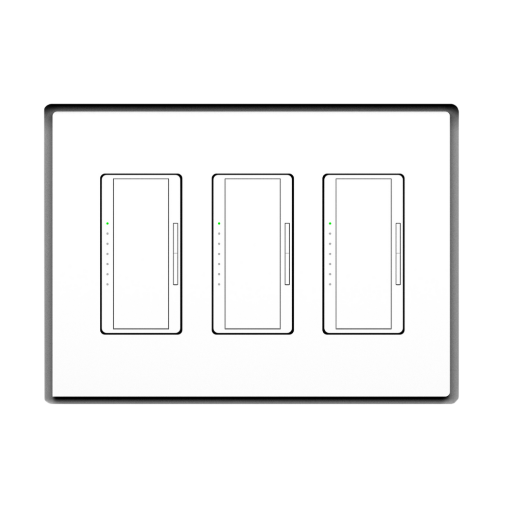 Three-gang designer-style switch mount recessed in a white flush in-wall frame.