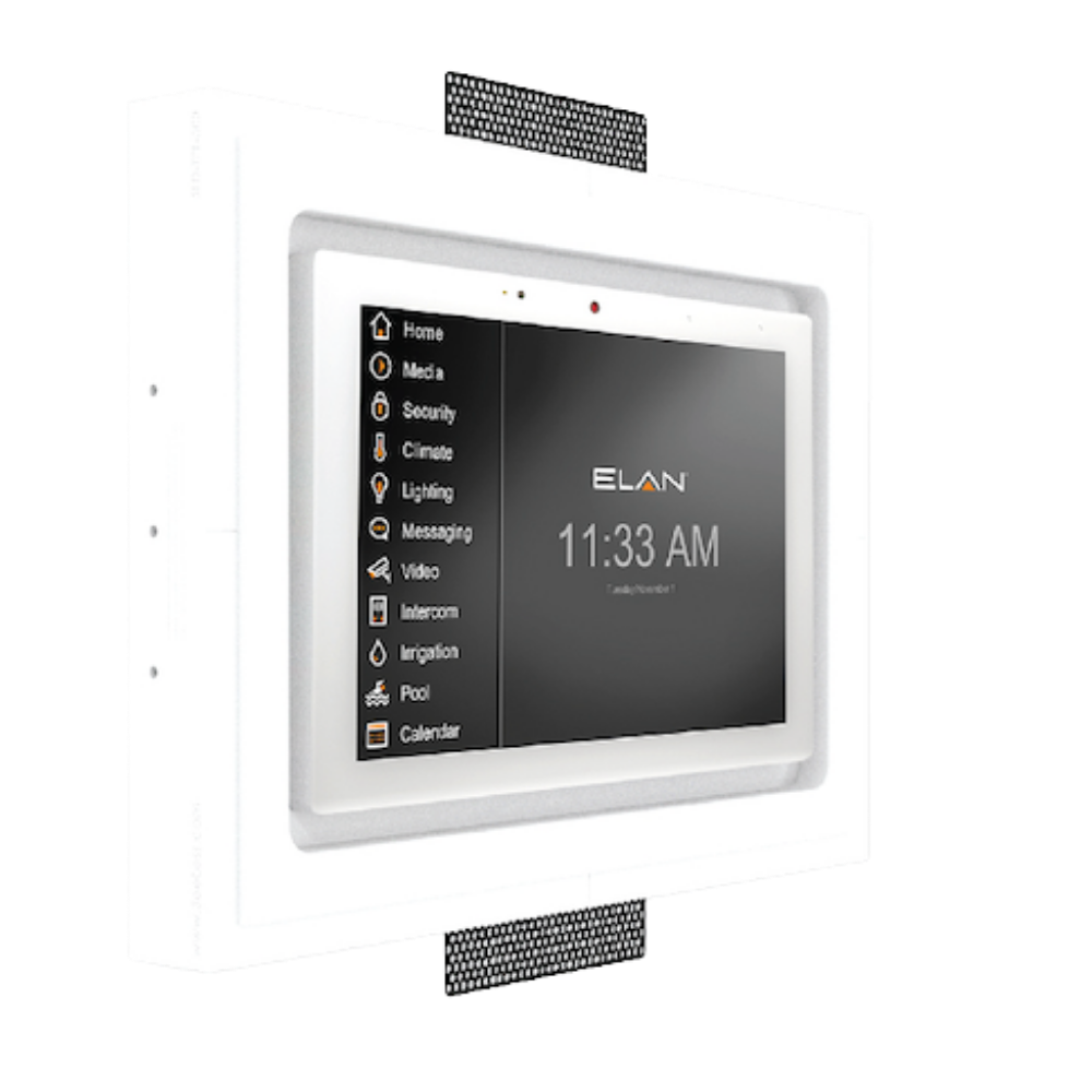 ELAN 8-inch touch panel recessed in the SLS-TPS8E-062 flush in-wall mount.