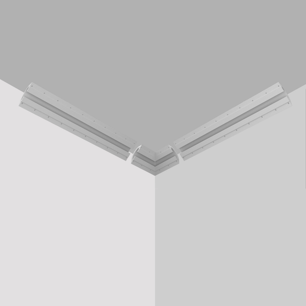 Gypsum crown cove corner accessory mounted at a 90-degree ceiling-wall junction