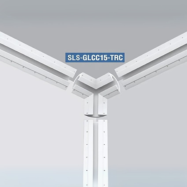 Perspective view of SLS-GLCC15-TRC Three-Way Corner Accessory integrated into a continuous crown cove system