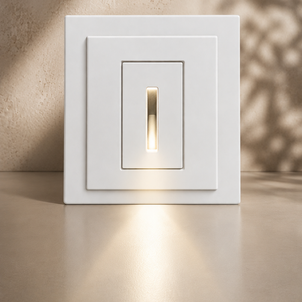 White rectangular SeeLess step light SL-3005-06 with warm 1/16" reveal glow, styled against a travertine wall with soft shadow detailing