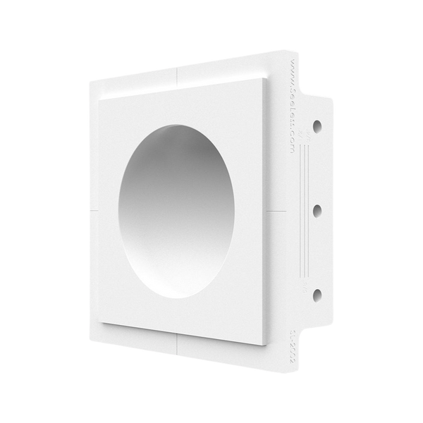 Angled view of SeeLess round in-wall plaster mounting platform 
