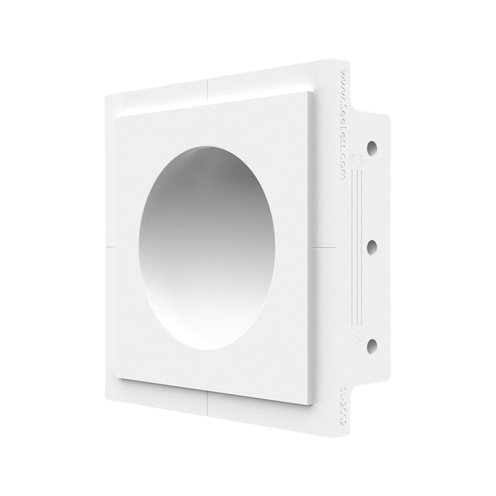 Angled view of SeeLess round in-wall plaster mounting platform 