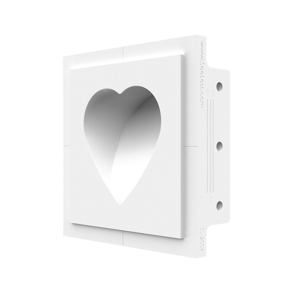 Angled view of SeeLess heart shaped in-wall plaster mounting platform with 2.5-inch opening.