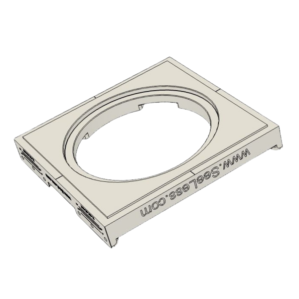 Angled view without the device of SeeLess prototype mount SL-SICS6R-062 for Theory IC6, highlighting its low-profile gypsum construction