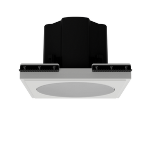 Ceiling angle of SL-SICS6R-062 platform with Theory IC6 installed, emphasizing 1/16” reveal and seamless finish