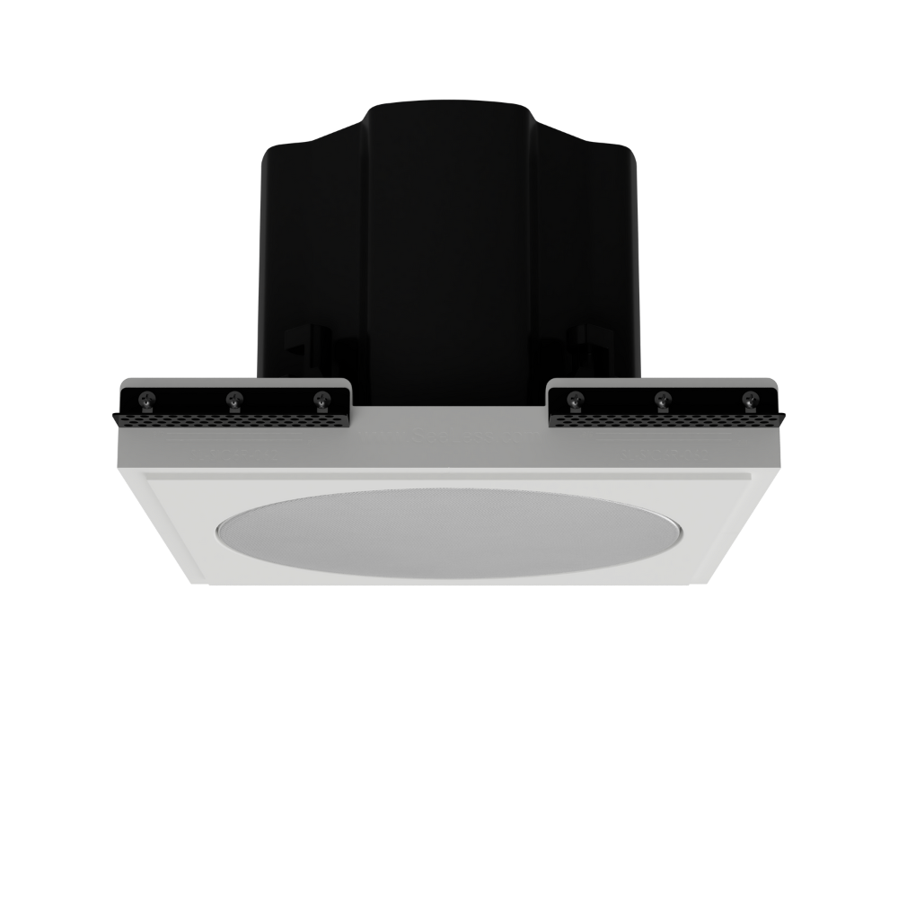 Ceiling angle of SL-SICS6R-062 platform with Theory IC6 installed, emphasizing 1/16” reveal and seamless finish
