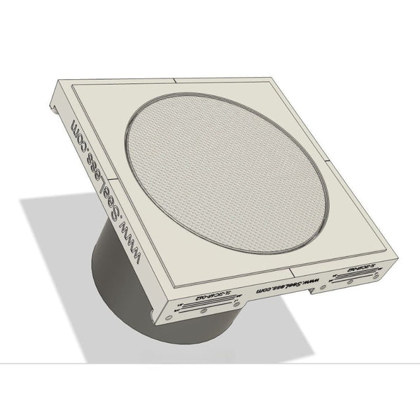 With the device installed front profile of SeeLess prototype mount SL-SICS6S-062 for Theory IC6, highlighting its low-profile gypsum construction
