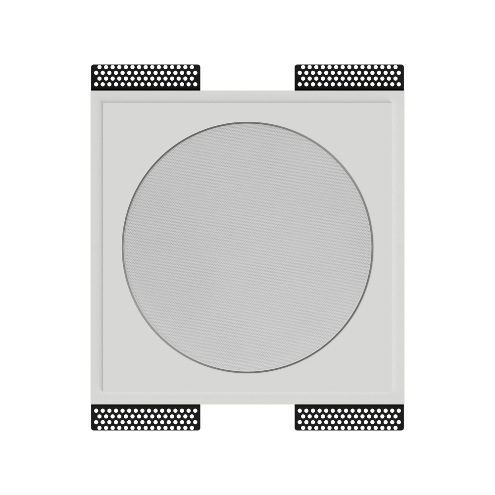 front render of SL-SICS6R-062 round flush mount with no device installed, highlighting smooth recessed gypsum surface