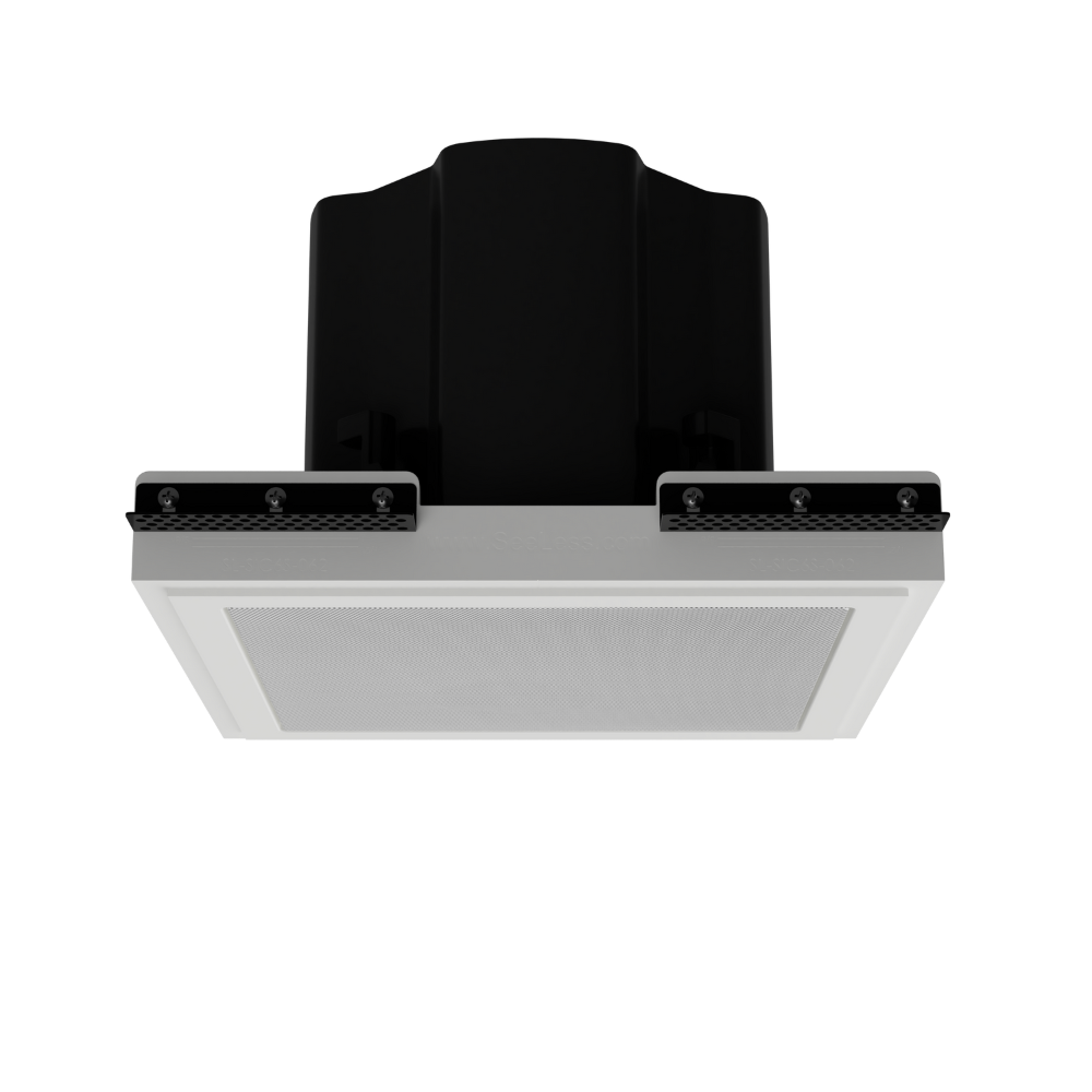 Ceiling angle of SL-SICS6S-062 mount with IC6 square speaker installed, blending cleanly into drywall
