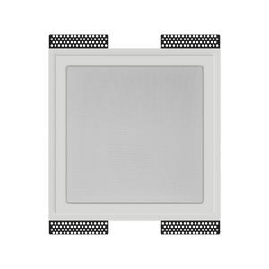 SL-SICS6S-062 square plaster mounting platform with Theory IC6 speaker installed, front view showing 1/16” flush reveal