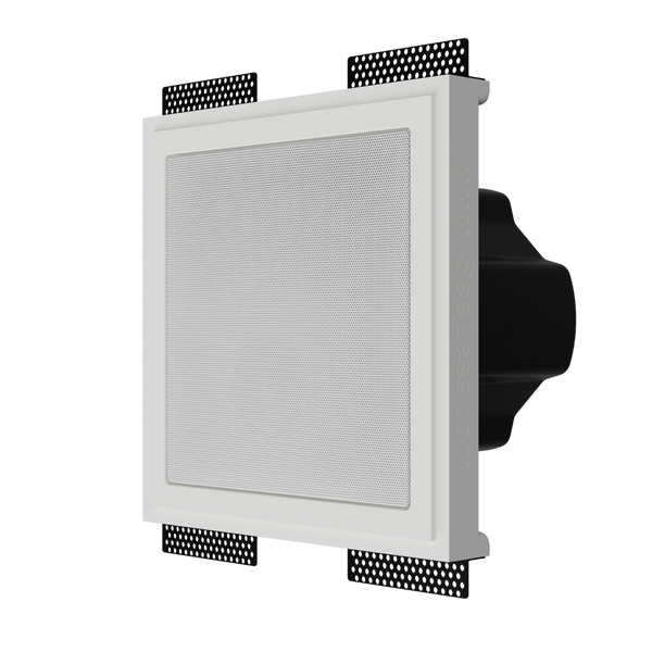 Closeup side angle of SL-SICS6S-062 with square Theory speaker flush-mounted to ceiling