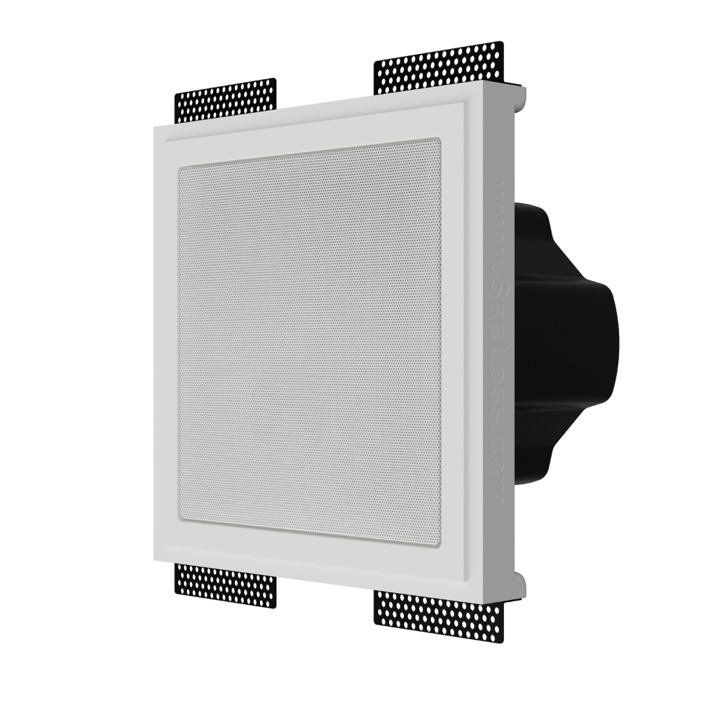 Closeup side angle of SL-SICS6S-062 with square Theory speaker flush-mounted to ceiling