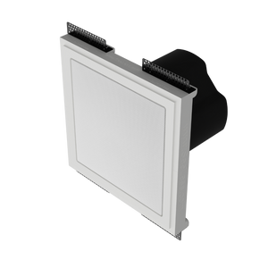 Tilted view of SL-SICS6S-062 platform with speaker installed, illustrating precise paintable plaster finish