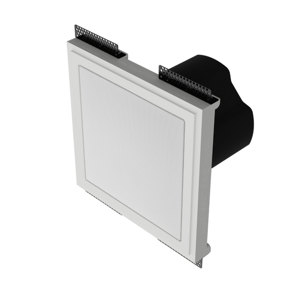 Tilted view of SL-SICS6S-062 platform with speaker installed, illustrating precise paintable plaster finish