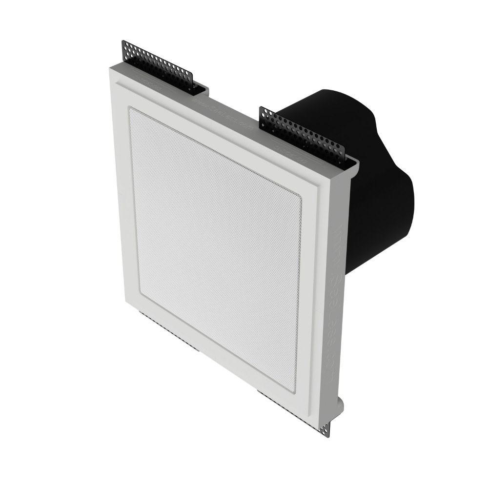 Tilted view of SL-SICS6S-062 platform with speaker installed, illustrating precise paintable plaster finish