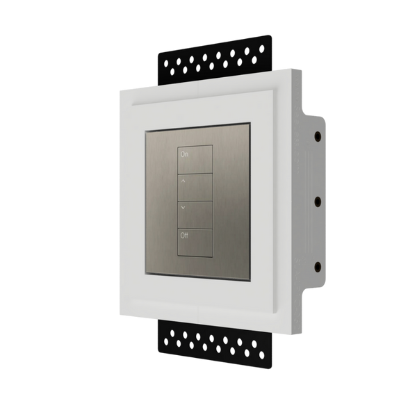 The SeeLess Square International Palladiom Mount is designed to integrate seamlessly with Lutron's single-column International-style Palladiom faceplate. The mount features a 1/16” reveal around the metal keypad, providing a clean, sophisticated look. It includes a European-style square old work box for easy installation. The product is available in an upgraded two-column version, known as SLA-LP2C-062M, which also offers the same seamless integration and refined appearance. This product enhances the aesthe