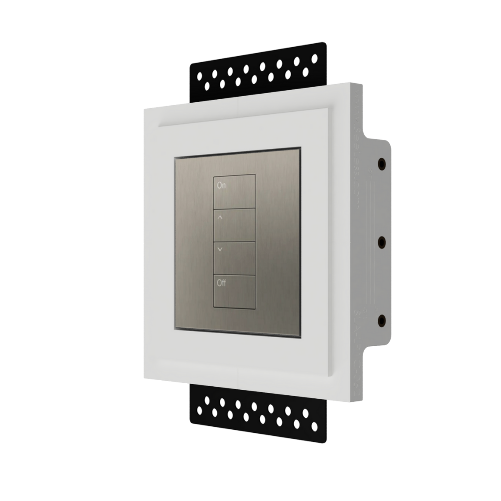 The SeeLess Square International Palladiom Mount is designed to integrate seamlessly with Lutron's single-column International-style Palladiom faceplate. The mount features a 1/16” reveal around the metal keypad, providing a clean, sophisticated look. It includes a European-style square old work box for easy installation. The product is available in an upgraded two-column version, known as SLA-LP2C-062M, which also offers the same seamless integration and refined appearance. This product enhances the aesthe