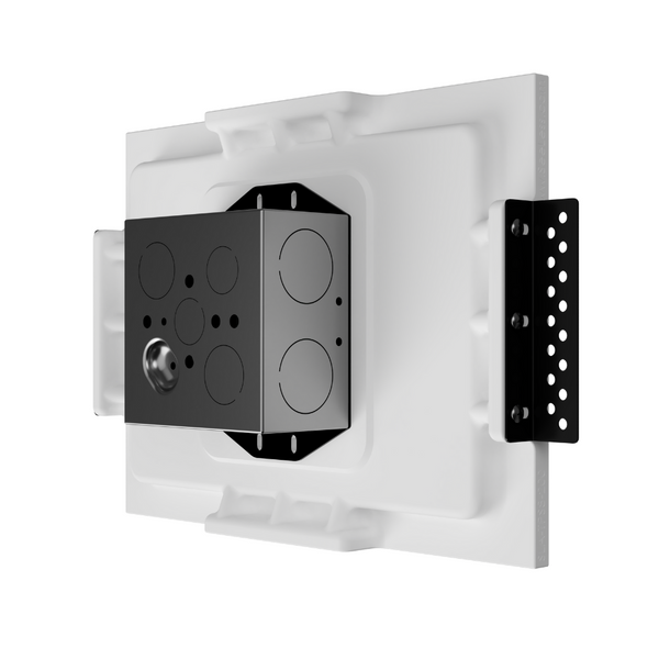 Detailed view of SLA‑TPS8‑200 plaster mount framing Savant 8″ panel — precise fit with architectural elegance.