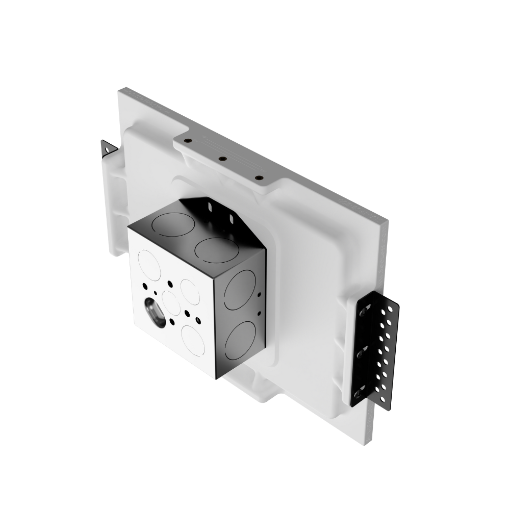 Savant 8″ touch panel shown recessed into SLA‑TPS8‑200 platform — contemporary wall aesthetic with a seamless flush finish.