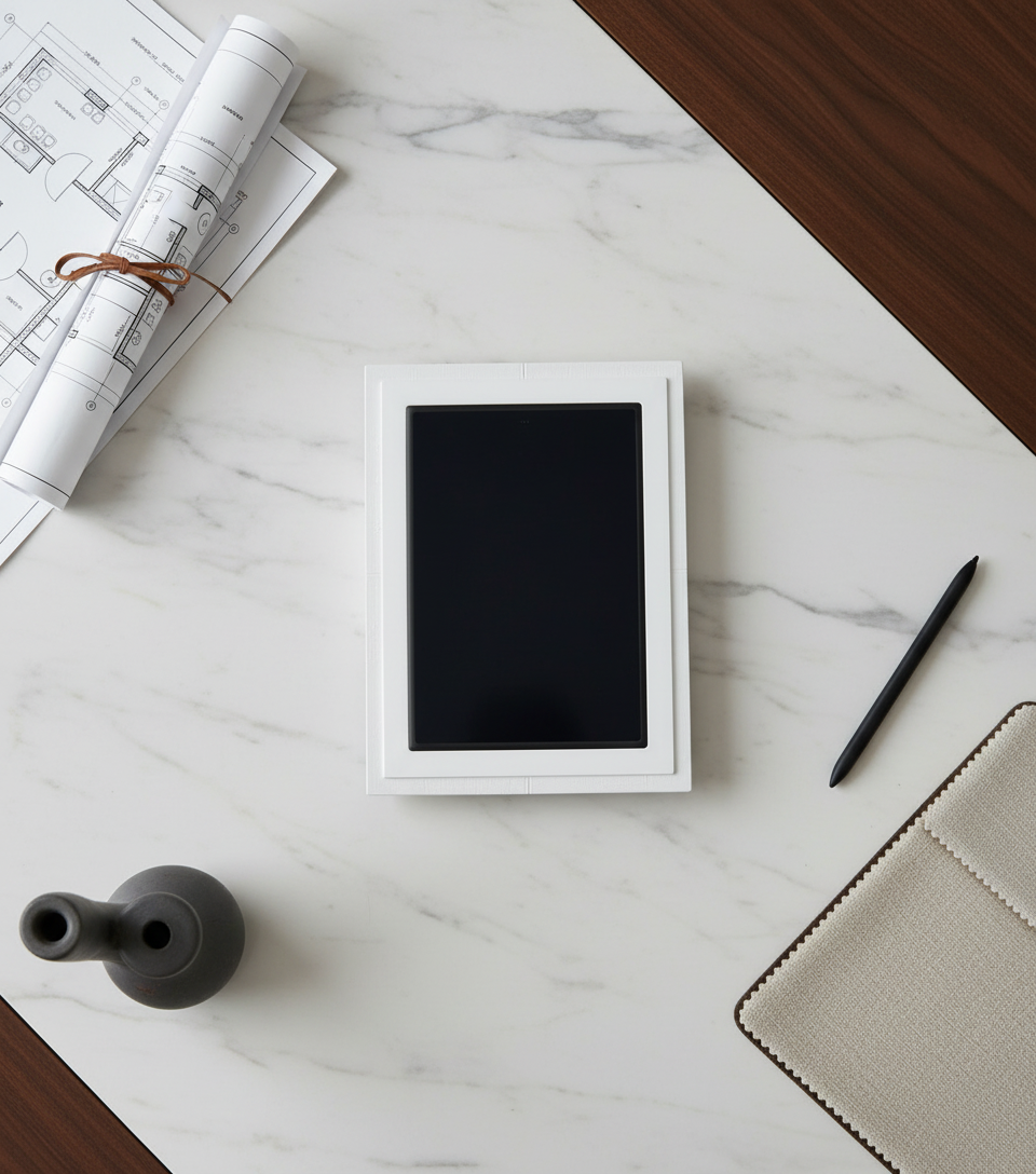 SeeLess SLA-TPS8-200 flush-mount platform designed for Savant 8-inch touch panel, offering a seamless in-wall installation.