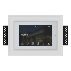 Savant 8-inch touch panel mounted in a white flush in-wall SeeLess platform