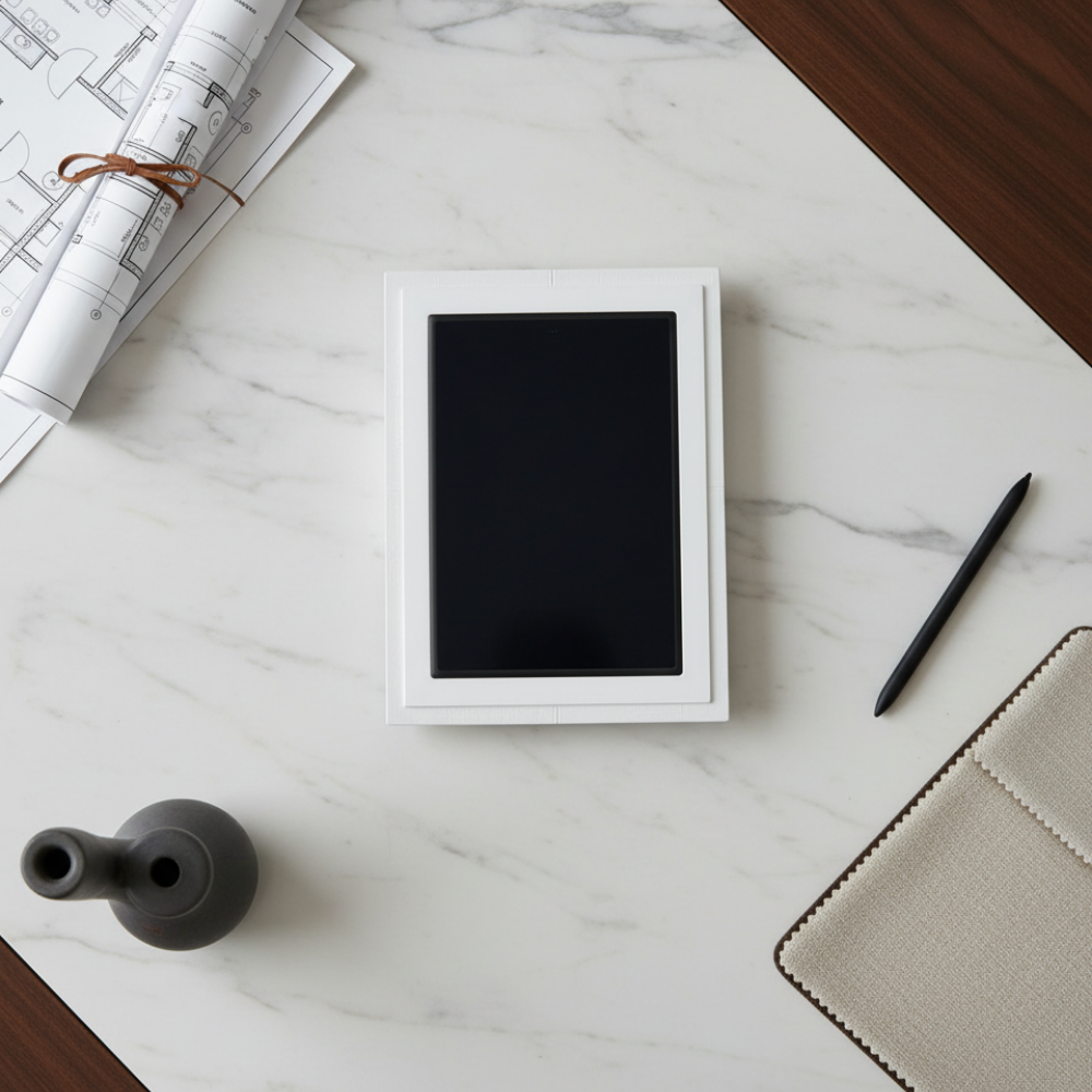 SeeLess SLA-TPS8-200 flush-mount platform designed for Savant 8-inch touch panel, offering a seamless in-wall installation.