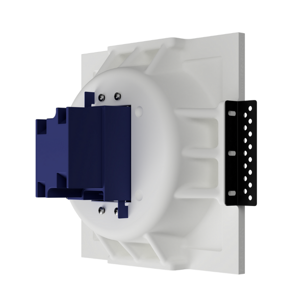 Paintable round mounting platform with smooth recessed profile and precision fit- back angle with plastic box.