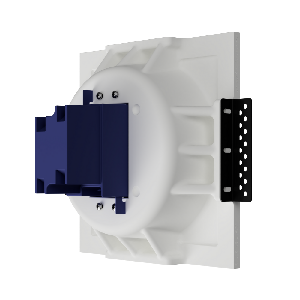 Paintable round mounting platform with smooth recessed profile and precision fit- back angle with plastic box.