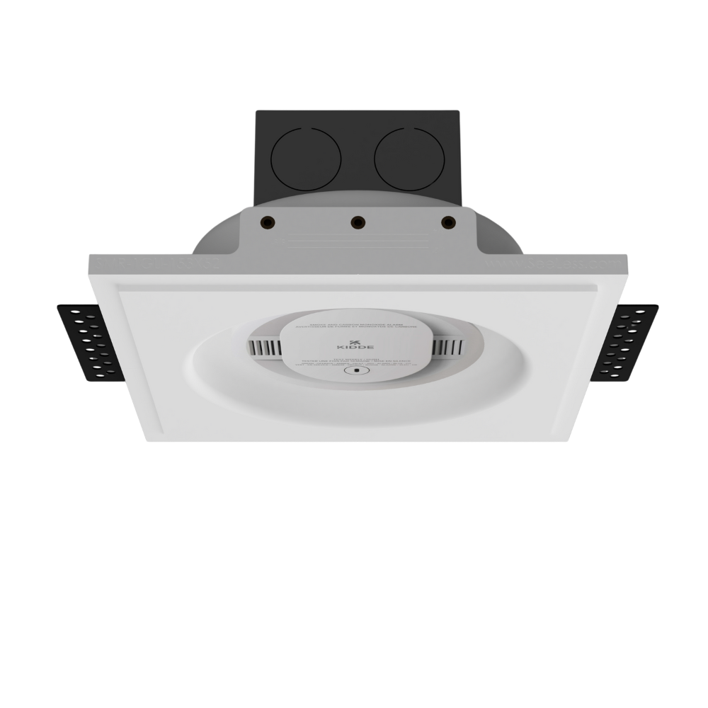 SeeLess Universal Round Smoke and Sensor Mount shown with a Kidde detector for flush ceiling integration.