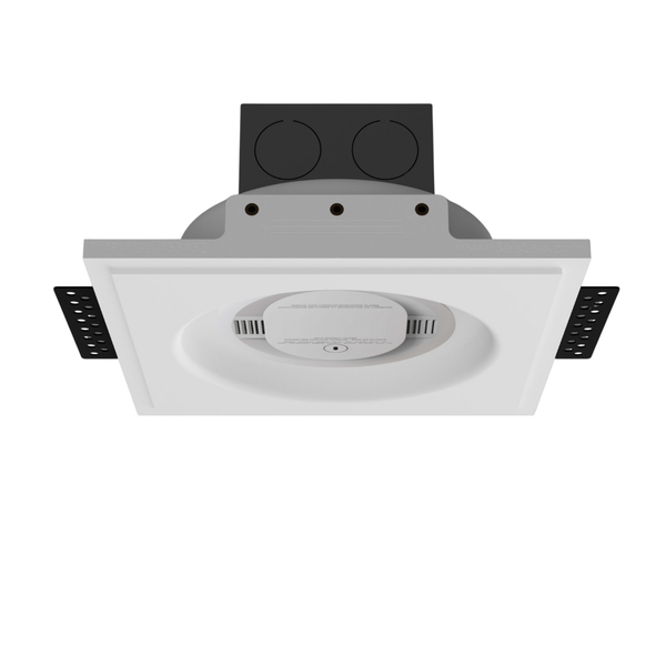 SeeLess Universal Round Smoke and Sensor Mount shown with a Kidde detector for flush ceiling integration.
