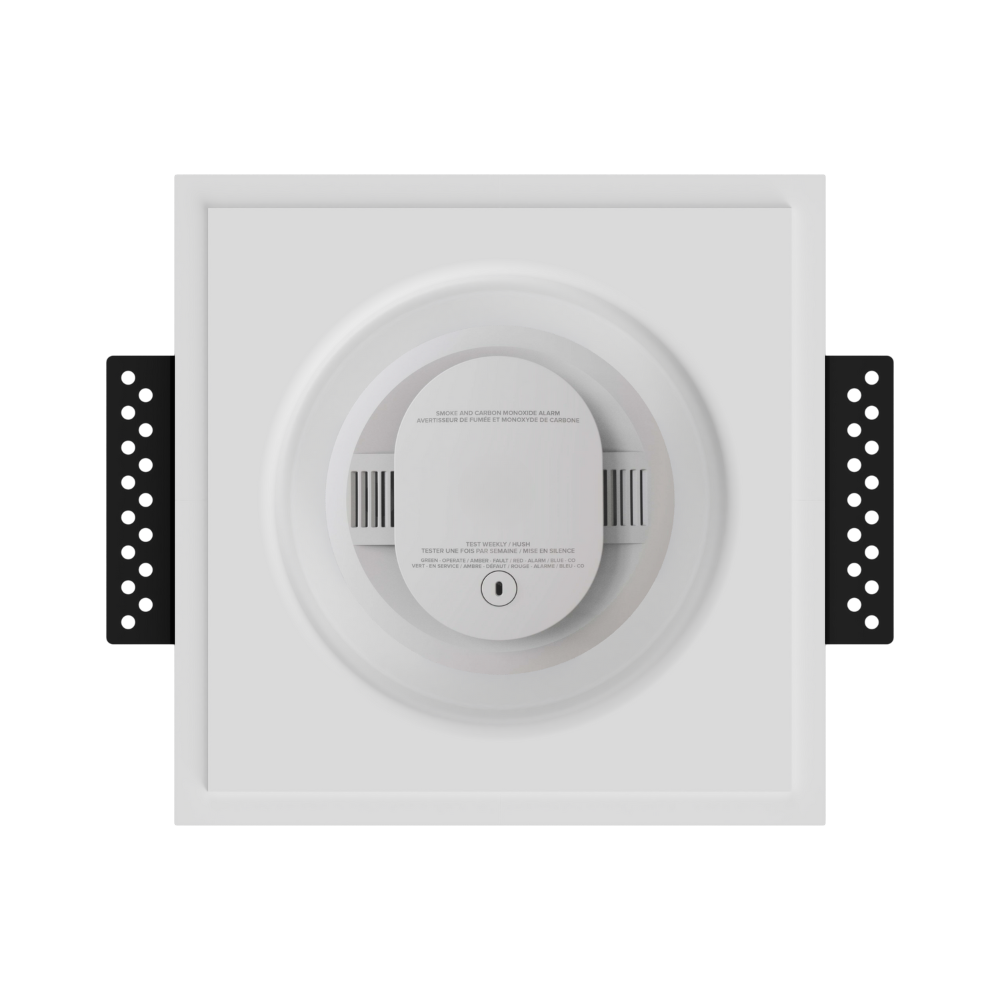 Front view of SMR-1GU-153x52 in-wall mount with round smoke/sensor device, demonstrating minimalist design integration