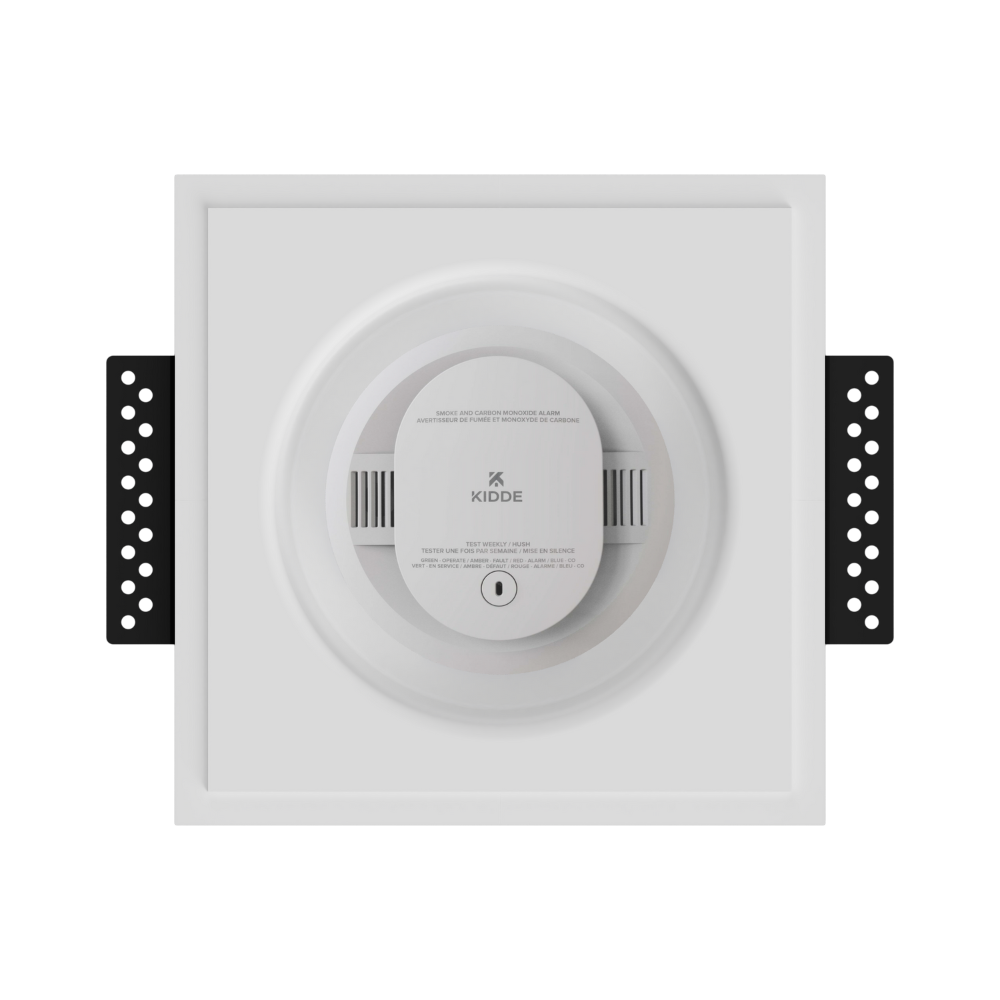Front view of SMR-1GU-153x52 in-wall mount with round smoke/sensor device, demonstrating minimalist design integration