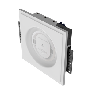 Left angle showing SMR-1GU-153x52 with one-gang universal ring and installed round sensor, blending into wall surface