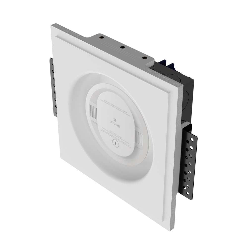 Left angle showing SMR-1GU-153x52 with one-gang universal ring and installed round sensor, blending into wall surface