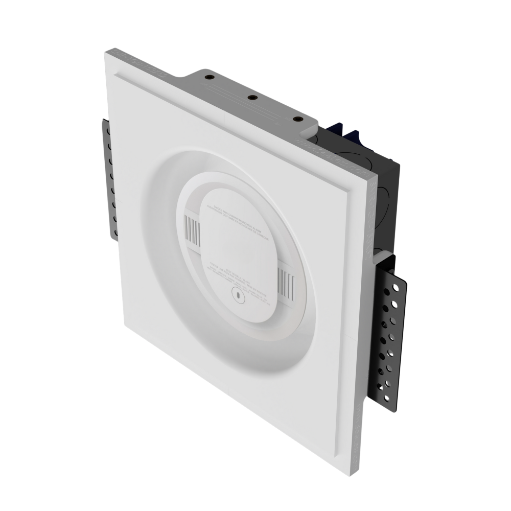 Front view of SMR-1GU-153x52 in-wall mount with round smoke/sensor device, demonstrating minimalist design integration