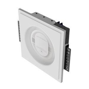 Left angle showing SMR-1GU-153x52 with one-gang universal ring and installed round sensor, blending into wall surface