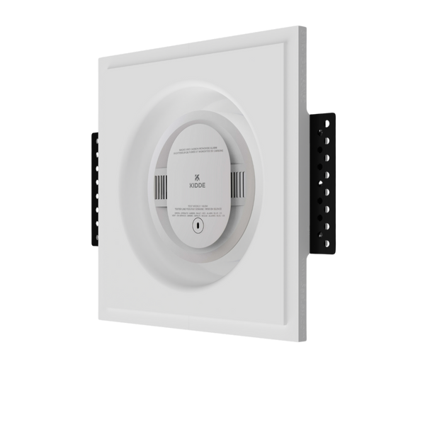 Side angle of SMR-1GU-153x52 flush in-wall platform with round smoke detector installed, showing clean recessed installation