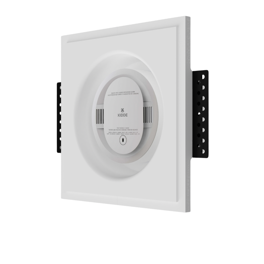 Side angle of SMR-1GU-153x52 flush in-wall platform with round smoke detector installed, showing clean recessed installation
