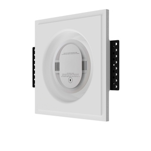 Side angle of SMR-1GU-153x52 flush in-wall platform with round smoke detector installed, showing clean recessed installation