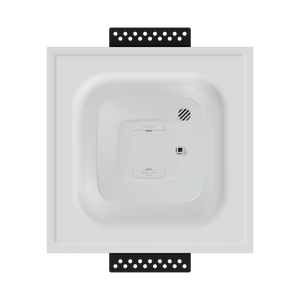 SeeLess Universal Square Mount for Gentex SCRR smoke detector shown integrated for flush drywall installation.