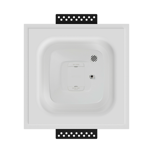 SeeLess Universal Square Mount for Gentex SCRR smoke detector shown integrated for flush drywall installation.
