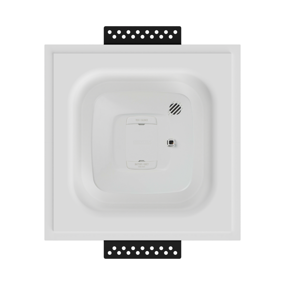 SeeLess Universal Square Mount for Gentex SCRR smoke detector shown integrated for flush drywall installation.