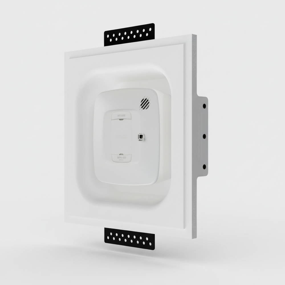 SeeLess Universal Square Mount for Gentex SCRR smoke detector shown integrated for flush drywall installation.