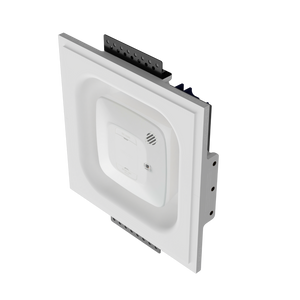 Side angle of SMS-1GU-165x47 flush mount with Gentex square smoke detector seamlessly embedded into drywall