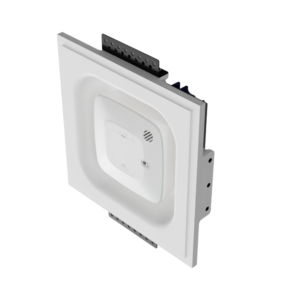 Side angle of SMS-1GU-165x47 flush mount with Gentex square smoke detector seamlessly embedded into drywall