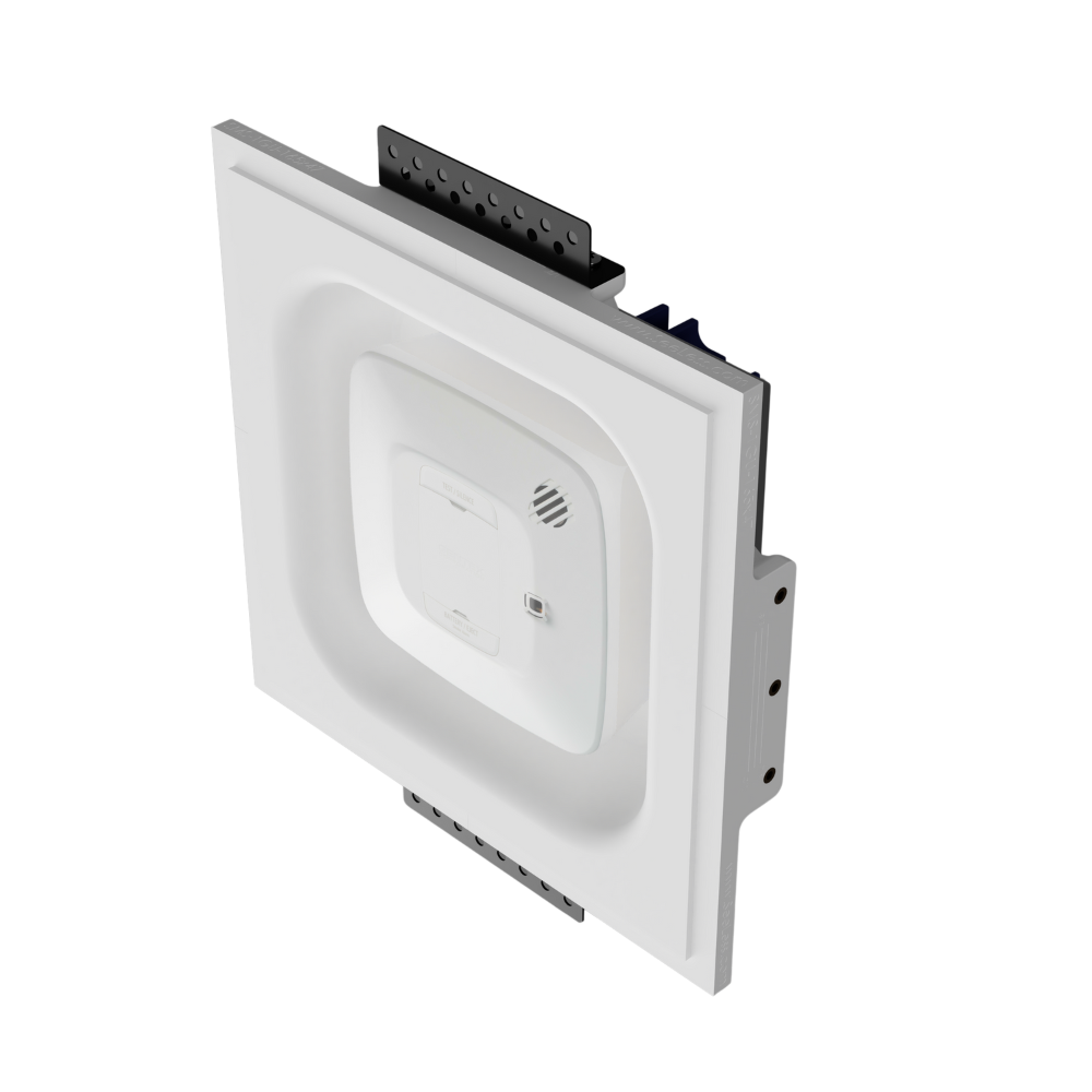 Side angle of SMS-1GU-165x47 flush mount with Gentex square smoke detector seamlessly embedded into drywall