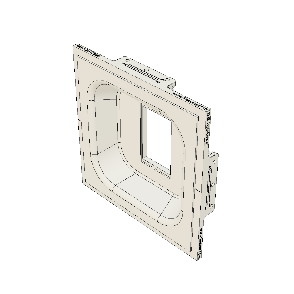 Angled side view of SMS-1GU-173x40 platform with device installed, revealing the seamless gypsum transition into drywall